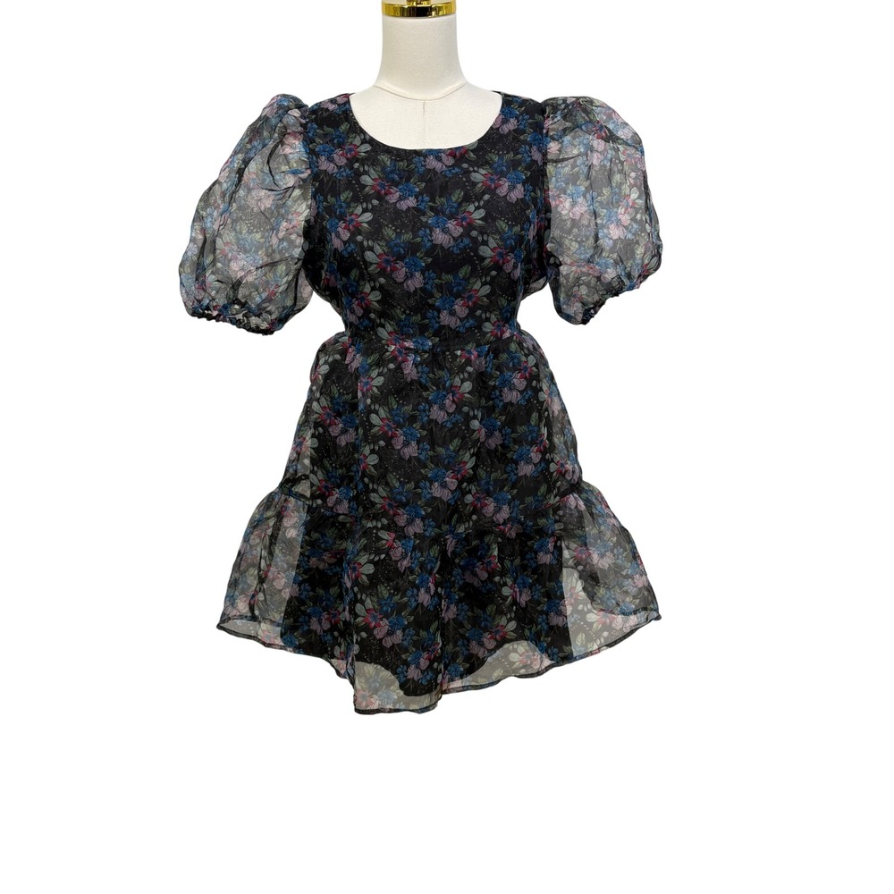 Womens Floral Organza Puff Sleeve Tiered Ruffle Mini Dress Dark Fairy Whimsigoth